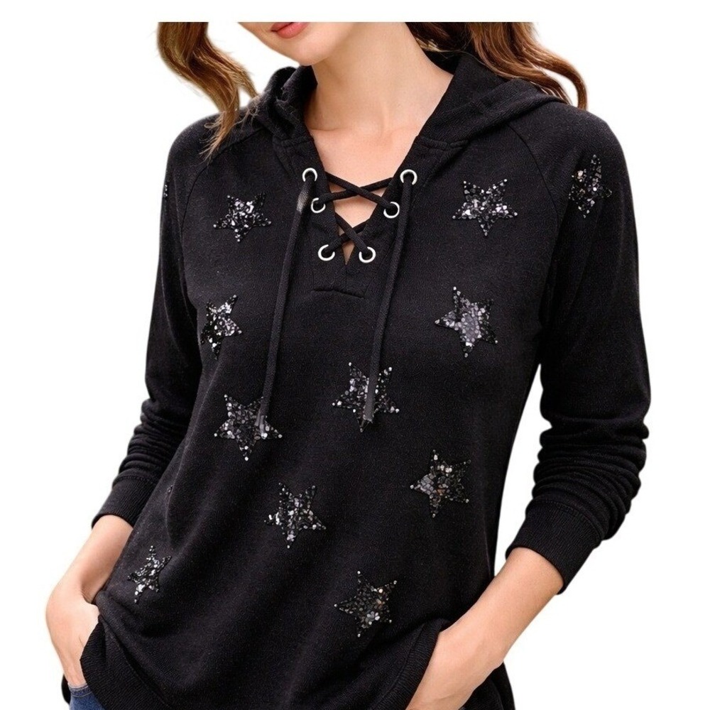 INC International Concepts Black Sequin Star Hoodie Sparkles And Lace Up Front